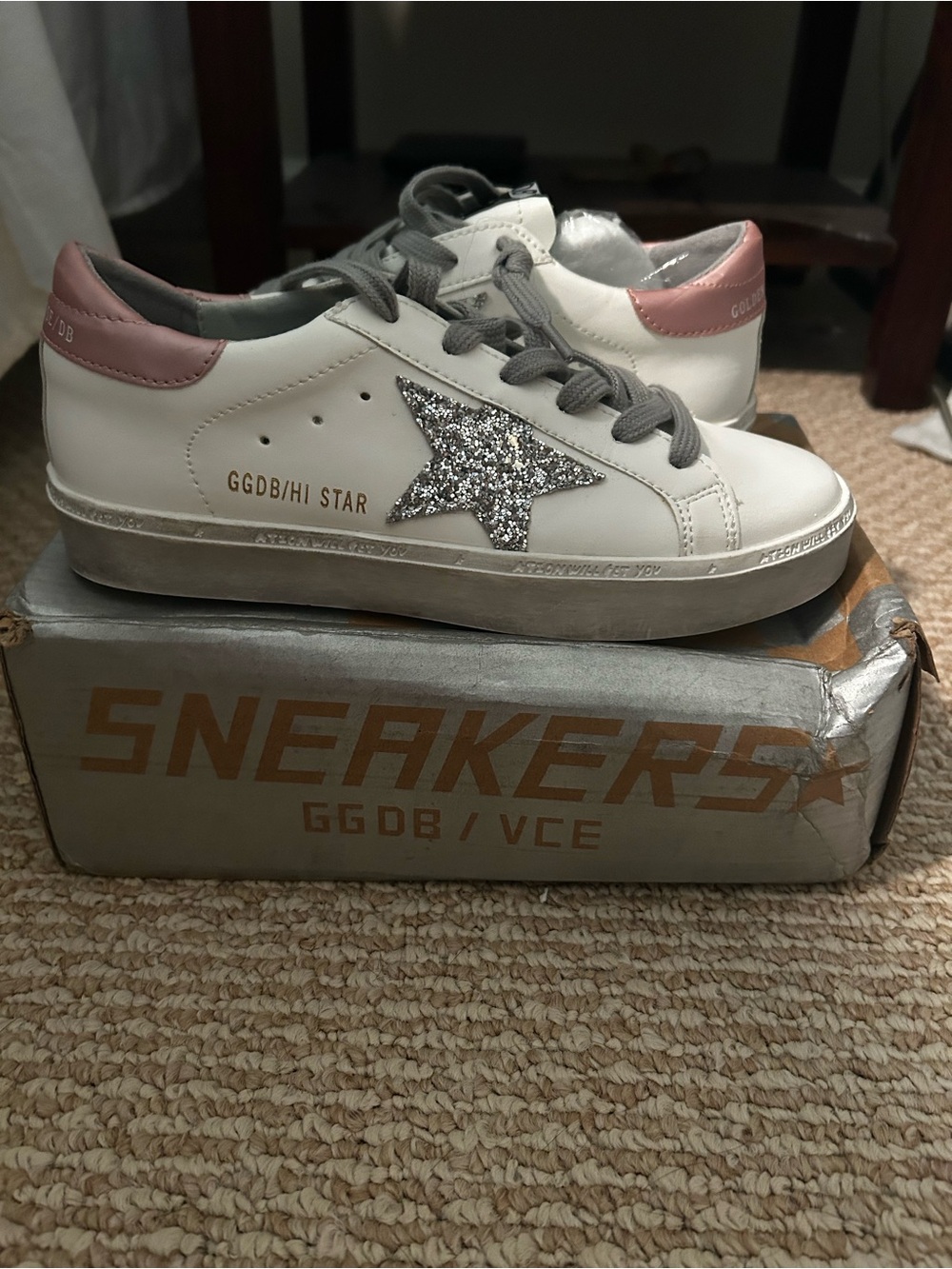 Golden Goose White Sneakers with Pink Heel and Silver Glitter Star